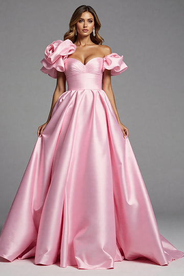 Pink Satin Ball Gown Off the Shoulder Ruffled Long Formal Dress